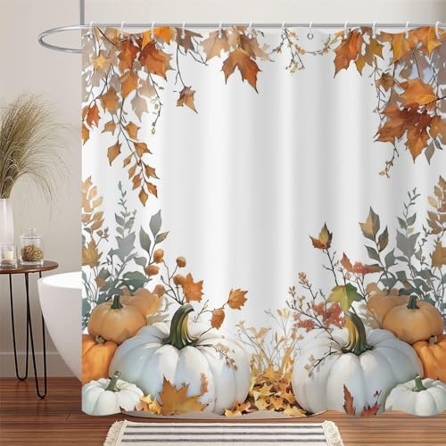 Fall Pumpkin Shower Curtain, Watercolor Autumn Harvest Pumpkins with Falling Maple Leaves Thanksgiving Day Bathroom Curtain Waterproof Fabric Machine Washable with Hooks, 60" Wx72 L - Image 2