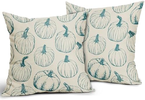 Teal Pumpkin Fall Pillow Covers 20x20 Set of 2 Autumn Themed Thanksgiving Harvest Print Decorative Throw Pillows Outdoor Farmhouse Pillowcases Cushion Case Seasonal Decor for Couch Sofa Bed - Image 2