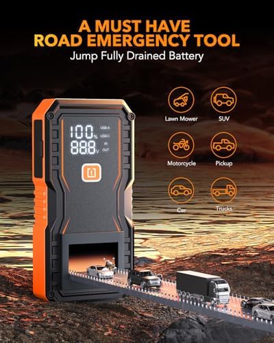 OXILAM Jump Starter 6000A for All Gas/12L Diesel, Car Battery Jumper Starter Portable, 12V Lithium Jump Box with Jumper Cables, LED Display, LED Light, Power Bank with USB, Type C Port - Image 3