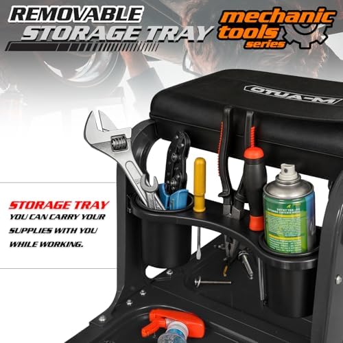 M-AUTO Garage Roller Seat Heavy Duty Rolling Shop Mechanic Creeper/Shop Stool with Tool Tray and Equipment Rack, 300LBS Capacity Creeper Seat with 5 Rollers for Detailing Car, Red - Image 6