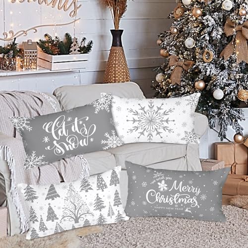 Lanpn White and Grey Christmas Lumbar Throw Pillow Covers 12x20 Set of 4, Decorative Long Gray Winter Snowflake Xmas Cushion Covers Pillow Cases for Home Bedroom Room Holiday Couch Decor Decorations - Image 3