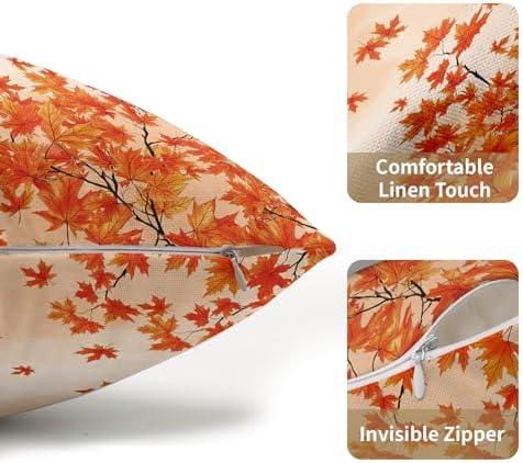 Fall Maple Leaves Throw Pillow Covers 12x20 Set of 2 Thanksgiving Orange Leaf Pillow Covers Autumn Foliage Watercolor Pillowcase for Kitchen Sofa Outdoor Couch Bedroom Living Room Decoration - Image 5