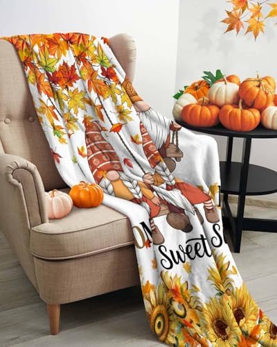 DecorLovee Orange Fall Blanket 50"x60", Reversible Gnomes Thanksgiving Throw Blanket for Couch/Bed, Maple Leaf Sunflower Lightweight Soft Throw Blankets for Women, Warm Fuzzy Blankets for Winter - Image 3
