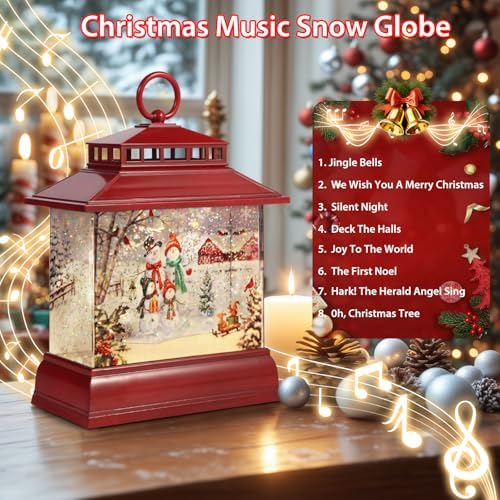 Christmas Snow Globe Lantern Water Glittering Lantern with 8 Songs & 6H Timer Romote Control Christmas Snow Globes USB & Battery Operated for Christmas Festival Decorations Gifts (Snowman Family) - Image 4