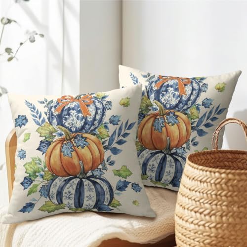 Fall Pumpkin Pillow Covers 22x22 Set of 2 Blue Orange Maple Leaves Bow Chinoiserie Outdoor Throw Pillows Covers Autumn Thanksgiving Harvest Decorative Farmhouse Cushion Case for Living Room Couch Sofa - Image 7