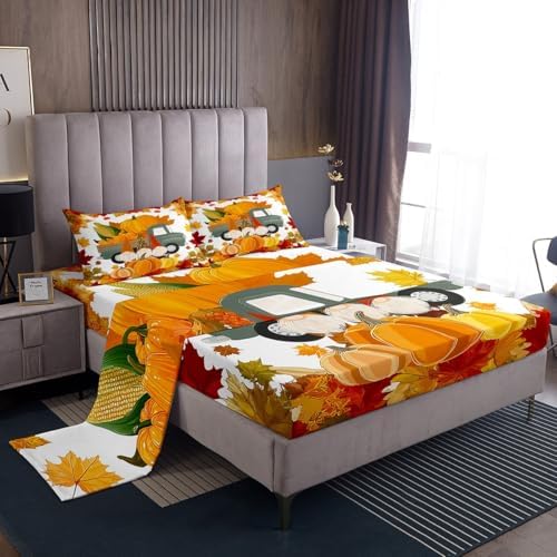 Fall Pumpkins Bed Sheet Set Cute Autumn Gnomes Bed Sheets Deep Pocket Thanksgiving Harvest Season Bedding Set Queen For Kids Teen Adults,Maple Leaves Soft Fitted Sheet + Flat Sheet + 2 Pillow Cases - Image 2