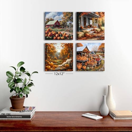 Rustic Fall Pumpkin Wall Art Farmhouse Barn Landscape Wall Decor for Living Room Vintage Autumn Picture Bedroom Nature Country Scenery Canvas Print Modern Artwork Kitchen Home Decoration 12x12" 4P - Image 5