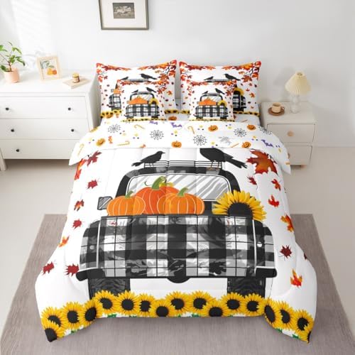 Black White Farm Car Twin Comforter Set 7 Pieces Reversible Comforters Twin Size Bed Set Bed in a Bag with Comforter,Thanksgiving Pumpkin Sunflower Sheets,Crow Maple Tree Fall Leaves Bedding Sets - Image 3