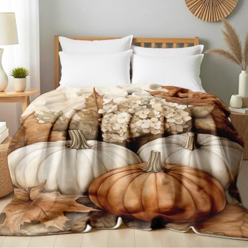 Fall Blankets and Throws White Pumpkin Print Blanket for Couch Bed Room Home Autumn Harvest Flannel Throw Thanksgiving Decor Gifts (49"x59") - Image 2