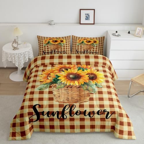Sunflower Geometric Plaid Comforter Set Full Size,Rustic Farmhouse Bedding Set 3pcs for Kids Girls Adults Home Room Decor,Autumn Floral Quilt Set Nature Yellow Duvet Insert,2 Pillowcases - Image 4