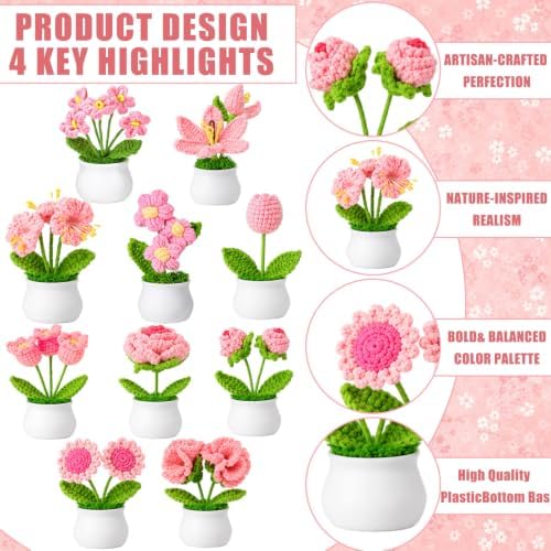 Suncalla 10 Pcs Pink Crochet Flowers Pot Bulk Thank You Gifts Crochet Plant - Image 2