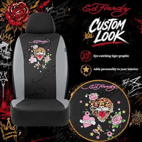 ED HARDY Tiger Print Car Seat Covers, Gray Premium Leather Front Seat Covers, Universal Fit Automotive Covers for Most Cars, Trucks & SUVs, Airbag Compatible, Waterproof, Scratch Resistant