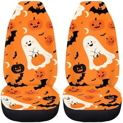 Ghost 2 Pack Car Seat Covers Set, Halloween Ghost Bat Pumpkin Sedan Interior Accessory for Cars, Gothic Cute Monster Universal Auto Front Seats Protector Fits for SUV Truck