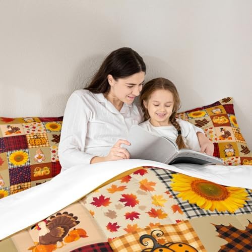 Homewish Fall Pumpkin Grid Comforter Set Rustic Farmhouse Maple Leaf Sunflower Bedding Set Thanksgiving Turkey Quilt Set Kids Boys Girls Adult Room Decor Vintage Brown Yellow Duvet Insert Twin Size - Image 6