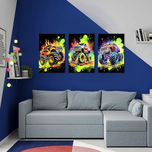 Monster Truck Canvas Wall Art Cool Watercolor Car Poster for Boys Room Modern Graffiti Truck Pictures Wall Decor Pop Vehicles Artwork Nursery Toddler Bathroom Bedroom Home Decoration 24x36" 3P - Image 4