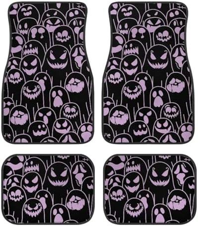 Mauve Black Ghost Print Funny Halloween Car Floor Mats 4 PCS, Cute Durable Interior Accessories for Car SUV, All Weather Floor Mats with Front Rear Trunk Liners Set for Party