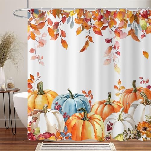 Fall Pumpkin Shower Curtain, Colorful Watercolor Autumn Pumpkins Maple Leaves on The Top Thanksgiving Day Harvest Bathroom Curtain Waterproof Fabric Machine Washable with Hooks, 72" Wx78 L - Image 3