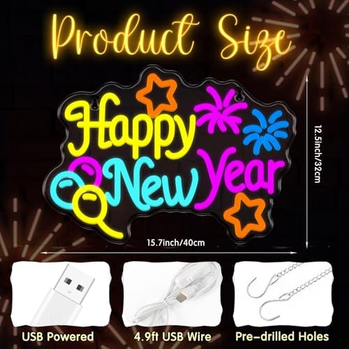 Happy New Year Neon Sign Light USB Powered LED Happy New Year Neon Sign Balloon Fireworks Window Lights for Bedroom Wall Decor 2026 Spring Festival Party Supplies - Image 2