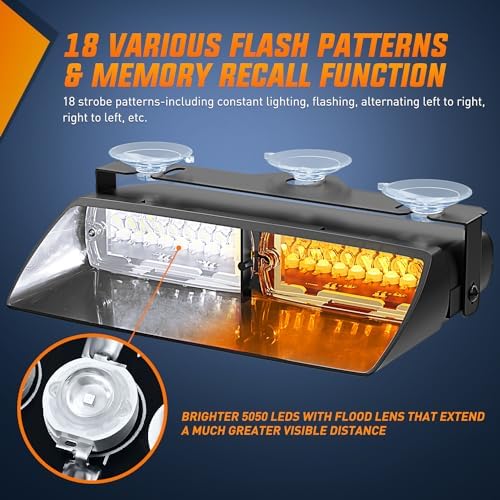 Nilight Emergency Strobe Lights Windshield Hazard Warning Safety Flash with Suction Cups Super Bright LED Light Amber White for Police Enforcement Firefighters Vehicle Truck
