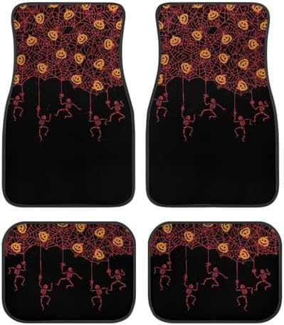 Red Spider Web Skeleton Black Print Funny Halloween Car Floor Mats 4 PCS, Cute Durable Interior Accessories for Car SUV, All Weather Floor Mats with Front Rear Trunk Liners Set for Party