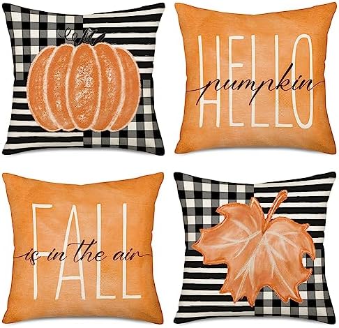 Fall Decor Pillow Covers 24x24 Inch Set of 4 Orange Pumpkin Maple Leaf Throw Pillow Case Outdoor Buffalo Plaid Stripes Autumn Thanksgiving Farmhouse Decoration for Home Couch by Qinqingo