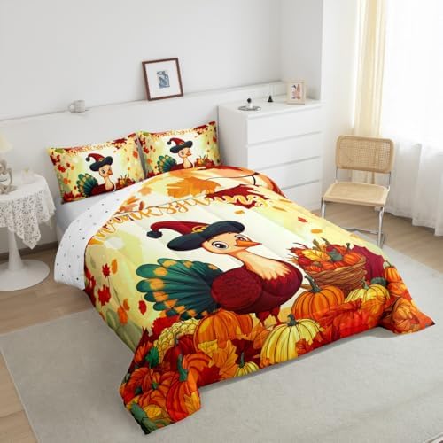 Erosebridal Fall Pumpkin Comforter Set for Kids Boys Girls Thanksgiving Turkey Bedding Set Twin Size Autumn Harvest Botanical Leaves Down Comforter Yellow Green Cartoon Chick Animal Quilted Duvet - Image 4