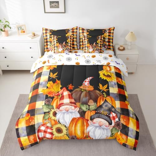 Erosebridal Fall Gnome Bed in a Bag 7 Piece,Autumn Maple Leaves Thanksgiving Pumpkin Bedding Sets Santa Dwarf Fall Decorations for Home Queen Size Sheet Sets with Comforter,Flat Sheet,Fitted Sheet - Image 3