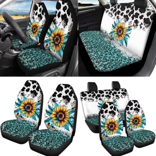 Leopard Auto Seat Covers Full Set 12pcs Leopard Car Accessory Universal Fit Car Seatbelt Pads Steering Wheel Cover Armrest Keychain Coaster,Green White Cheetah Sunflower Car Interior Sets