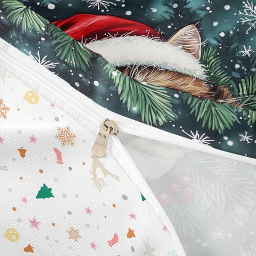 Manfei Cute Cat Kids Duvet Cover Set Queen Size,Winter Holly Berries Snowflake Girls Boys Bedding Set,Animal Merry Christmas Poinsettia Room Decor,Dark Green Quilt Cover,2 Pillowcases(No Comforter) - Image 6