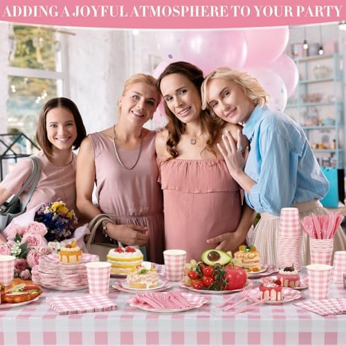 Funnymoom 452 Pcs Pink Gingham Party Decoration Supplies Serve 50 Guests - Image 6