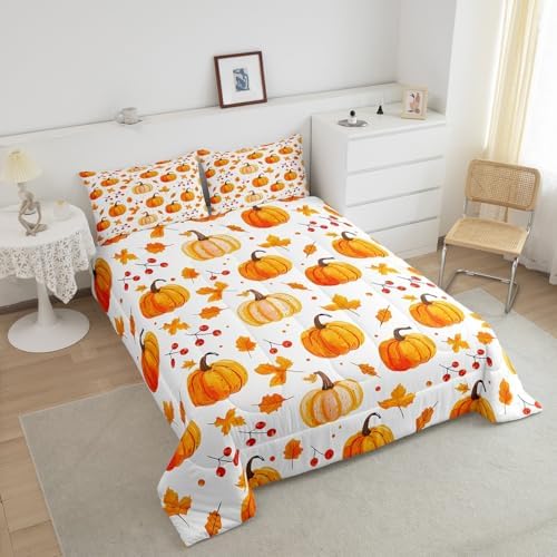 Erosebridal Fall Pumpkin Comforter Set Thanksgiving Pumpkin Decorations Bedding King Size Autumn Fall Maple Leaf Comforter Harvest Season Fruit Decor for Kids Rustic Farmhouse Bed Set 2 Pillowcases - Image 4