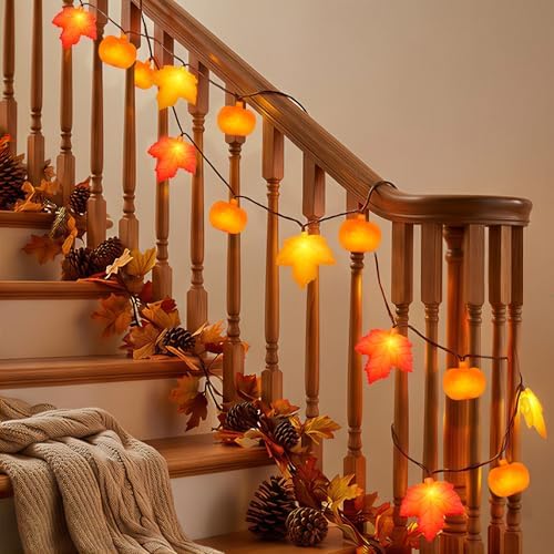 Fall String Lights - 8.5Ft LED Maple Leaf Pumpkin Lights String, 3D Leaves Pumpkin String Lights Plug in for Indoor Outdoor Thanksgiving Decorations & Fall Decorations for Home Porch Mantel, 0.07W - Image 5