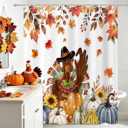 Turkey Shower Curtain, Fall Autumn Thanksgiving Day Pumpkins Maple Leaves Sunflower Harvest Bathroom Curtain for Home Decor Waterproof Fabric Machine Washable with 12 PCS Hooks,72" Wx84 L - Image 3