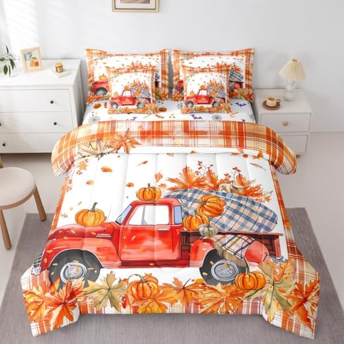 Erosebridal Red Farm Truck Car Bed in a Bag Twin 7 Pieces,Thanksgiving Pumpkin Fall Leaves Comforter Set Reversible Farmhouse Autumn Harvest Design,Soft Breathable Bedding Sets with Comforter,Sheets by Erosebridal