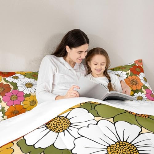 Floral Comforter Set Queen Colorful Groovy Flower Bedding Set For Kids Boys Adults Cartoon Blossom Retro Flowers Down Comforter Yellow Green Farmhouse Botanical Quilt Set Garden Bedroom Decor 3Pcs - Image 5