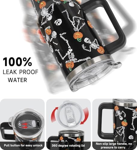 Halloween Tumbler 40oz Skull Tumbler Ghost Spooky Leak Proof Cups with Handle and Straw Insulated Water Bottle Skeleton Coffee Travel Mugs for Halloween Decor Gifts for Women Men (1PCS) - Image 5