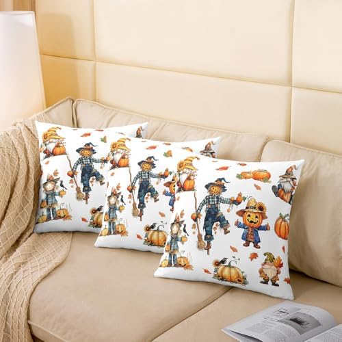 Autumn Thanksgiving Reversible Print Pillow Covers 18"x18" Pack of 2,Rustic Fall Pumpkin Scarecrow Sunflower Maple Leaves Throw Cushion Covers,Farmhouse Harvest White Couch Pillow Covers - Image 4