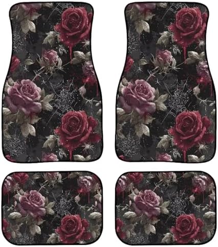 Rose Car Floor Mats All Weather, Gothic Blood Stain 1st & 2nd Row Car Mats Interior Carpet, Garden Spider Web Floor Mats for Cars Universal for Sedan Car Truck