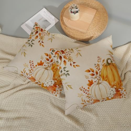 Fall Pillow Covers 18x18 Set of 2 Orange White Pumpkin Throw Pillow Covers Autumn Maple Leaf Eucalyptus Decorative Ourdoor Pillow Cases Thanksgiving Harvest Linen Cushion Cover for Couch Home Decor - Image 6