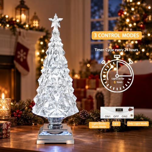 12.5' 'Crystal Christmas Tree Snow Globe with Music, Lighted Spinning Glitter Water Lantern with 6H Timer, USB & Battery Operated Xmas Table Decor - Image 3