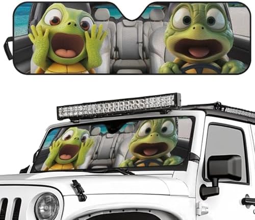 Renewold Car Sun Shade, Windshield Sunshade for Jeep Wrangler JK JKU JL JLU, Block Glare UV Heat Cover, Car Interior, Funny Sea Turtle Driving, Accessories Sun Visor Shield Fit for Jeep Gladiator JT