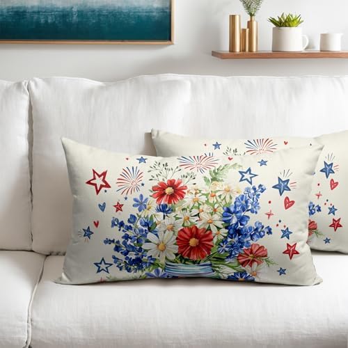 4th of July Pillow Covers 12x20 Set of 2, Patriotic Throw Pillow Covers Independence Memorial Day Pillowcase, Summer Floral Decorative Fourth of July Cushion Case Couch for Indoor Outdoor Home Decor - Image 2