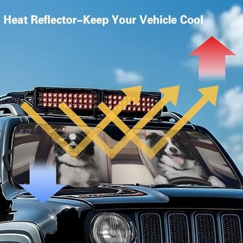 Renewold Automotive Windshield Sunshade for Jeep Wrangler JK JKU JL JLU 1997-2023 2/4 Door Gladiator JT Car Front Window Sun Visor Funny Border Collie Driving Blocks Sun UV Rays Sun Shade Cover Shield