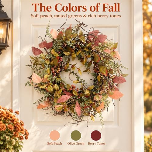 26 Inch Fall Wreath for Front Door Artificial Grapevine Wreath - Image 4