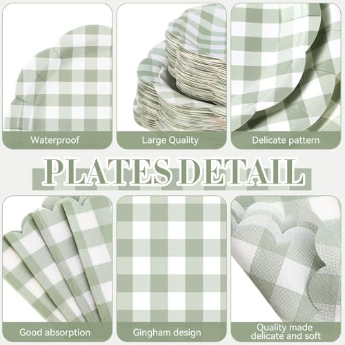 Funnymoom 452 Pcs Sage Green White Gingham Checkered Party Supplies for 50 - Image 2