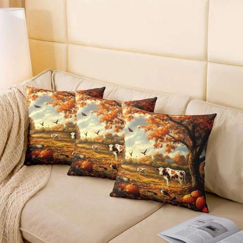 Rustic Cow Double Sides Print Pillow Covers,Farmhouse Cattle Animal Fall Cabin Throw Pillow Case Covers,Autumn Pumpkin Maple Trees Leaves Natural Scenery 2 Pack Cushion Covers,16"x16" - Image 4