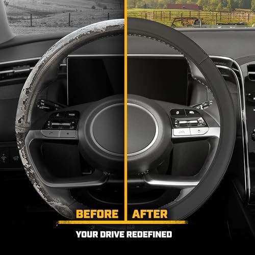 Cat® EasyWrap Faux Black Leather Steering Wheel Cover, Self Wrapping Car Steering Wheel Cover for Auto Truck Van SUV - Standard 14.5" - 15 Inches