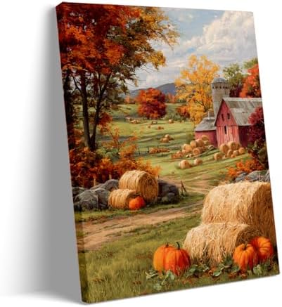 Autumn Farmhouse Wall Art – Rustic Red Barn Landscape with Pumpkins, Fall Harvest Canvas Print for Country Living Room or Seasonal Decor Display 24x36in Large Frame wall art by Unknown