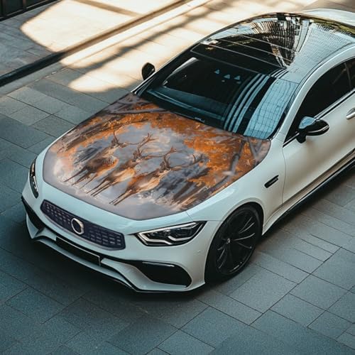 Fall Leaves Elk Car Hood Cover Stretchable Polyester,Engine Cover，Elastic Fabrics Can be Washed,Car Bonnet All-Season Protection