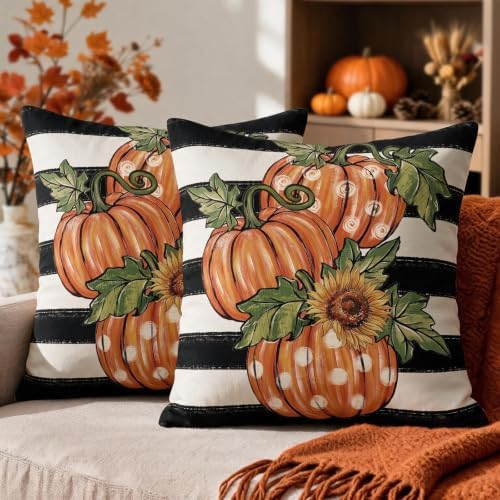 Fall Thanksgiving Pillow Covers 18x18 Set of 2, Autumn Polka Dot Pumpkin Sunflower Print Striped Decorative Throw Pillow Cases Holiday Outdoor Harvest Seasonal Farmhouse Decor for Sofa Couch Bed by Unknown